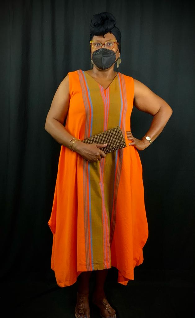100% Cotton Handwoven Fabric Orange Side Lines S,S / Large